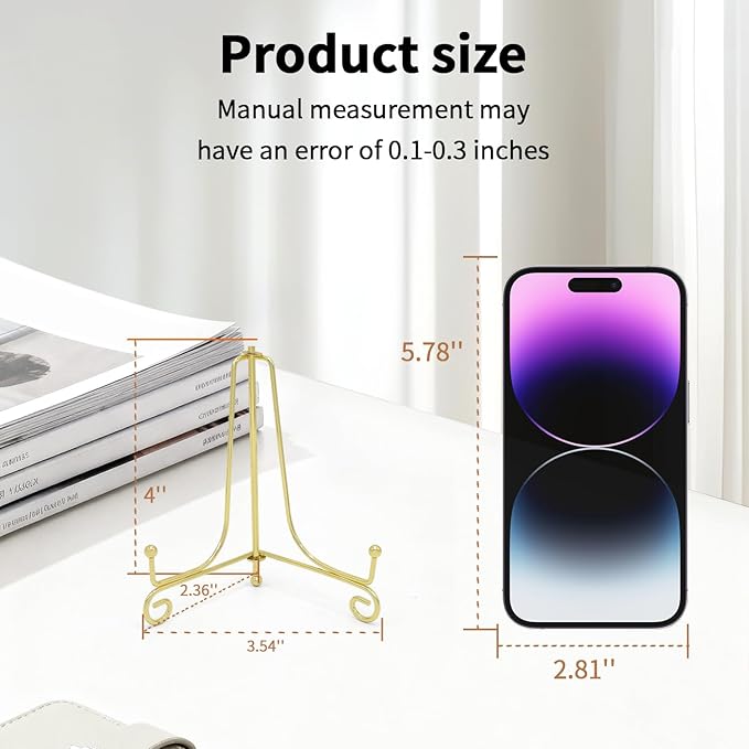 Iron Plate Stands for Display, Foldable Book Holder & Easel Stand for Sign, Versatile Poster Stand and Small Plate Stand for Home Decor, Art, Photo Frame, Card, Crystal Display (Gold, 4 inch (4Pcs))