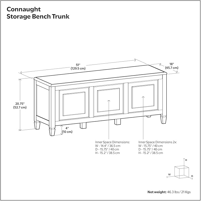 SIMPLIHOME Connaught Storage Bench - 51 inch Wide Solid Wood Trunk Bench in Black, Traditional Bench for Entryway with Lift-Up Lid and 3 Hidden Compartments