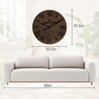 ARTPOWER Large Farmhouse Wall Clock, 35.5” Shiplap Wall Clock with Roman Numeral, Nearly Non-Ticking, Round Wall Clocks for Living Room Decor, Office, Bedroom, Entrance, Brown