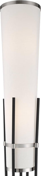 Possini Euro Design Flute Mid Century Modern 64" Tall Floor Lamp Standing with Smart Socket Satin Black Brushed Nickel Metal White Linen Shade for Living Room Family Bedroom Office House