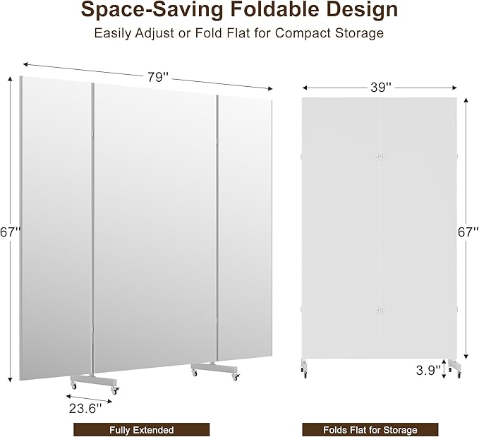 Full Length Stand Up Mirror on Wheels,79''×67'',Large Tri-Fold Floor Mirror with Stand,Movable 3-Way Full Length Standing Mirror for Gym, Dance Studio, Fitness Room, and Home (Silver)