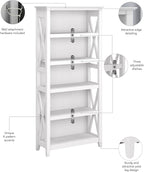 Bush Home Tall 5 Shelf Bookcase for Living Room or Home Office, Large Bookshelf, Modern Farmhouse Style, Key West Collection, Pure White Oak