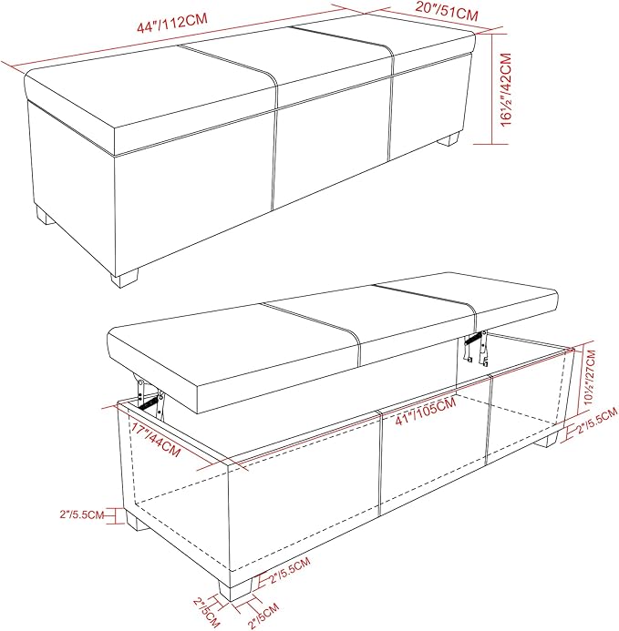 SIMPLIHOME Avalon Lift Top Rectangular Storage Ottoman - 44 inch Wide Upholstered Vegan Leather Lift-Top Ottoman in Tanners Brown, Contemporary Coffee Table Ottoman for Living Room with Hidden Storage
