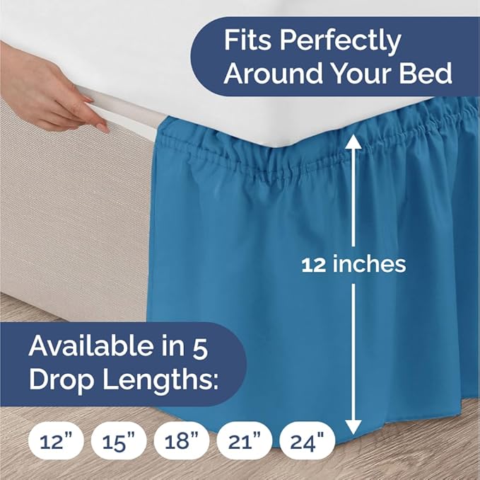 Wrap Around Dust Ruffle Bed Skirt - Denim Blue - Twin/Twin XL Size Beds with 12 Inch Drop - Elastic Strap - Adjustable Pleated Bedskirt with Brushed Fabric and Wrinkle Free - Women, Men, Kids & Teens