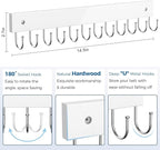 Belt Hanger Wall Mounted, Wooden Coat Rack Belt Organizer 2 Pack Max 24 Storage Capacity, 180° Rotating Space Saving Hangers for Ties, Tank Tops, Scarves, Bras, Keys, Bags White