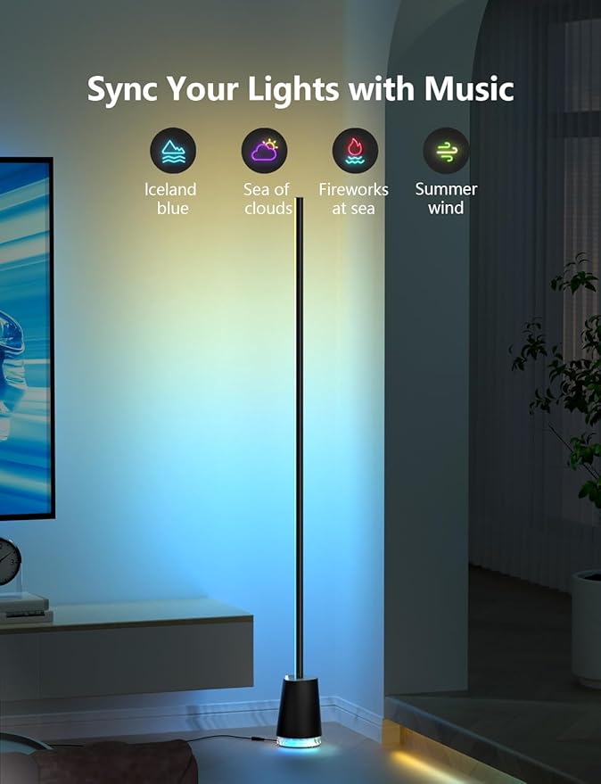 Corner Floor Lamp, 1600lm RGB Corner Lamp, with Bluetooth Speaker and White Noise, Compatible with Alexa & Google, 16 Million DIY Colors, Sync with Music, for Bedroom &Living Room