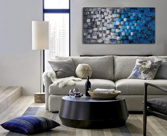 MyArton Textured Abstract Squares Canvas Wall Art Modern Dark Blue and Silver Oil Painting 100% Hand Painted 3D Effect Artwork Frame Ready to hang Decor for home and office 48x24inch