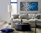 MyArton Textured Abstract Squares Canvas Wall Art Modern Dark Blue and Silver Oil Painting 100% Hand Painted 3D Effect Artwork Frame Ready to hang Decor for home and office 48x24inch