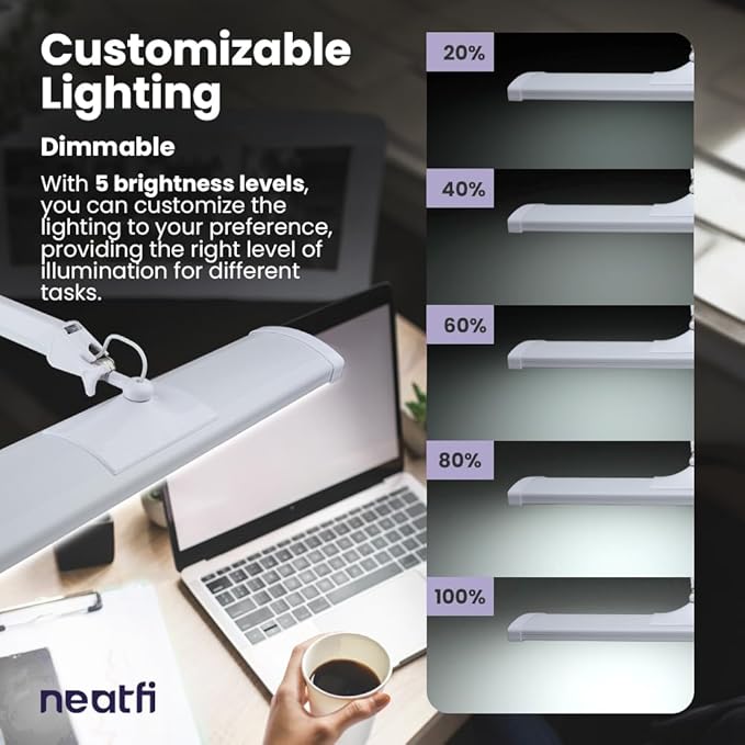 Neatfi Ultra Desk Lamp – 3,500 Lumens, 45W LED, 26-Inch Wide Shade, 5 Brightness Levels, Clamp Mount, Shadow-Free, Non-Flickering Light (Non-CCT with Clamp, White)