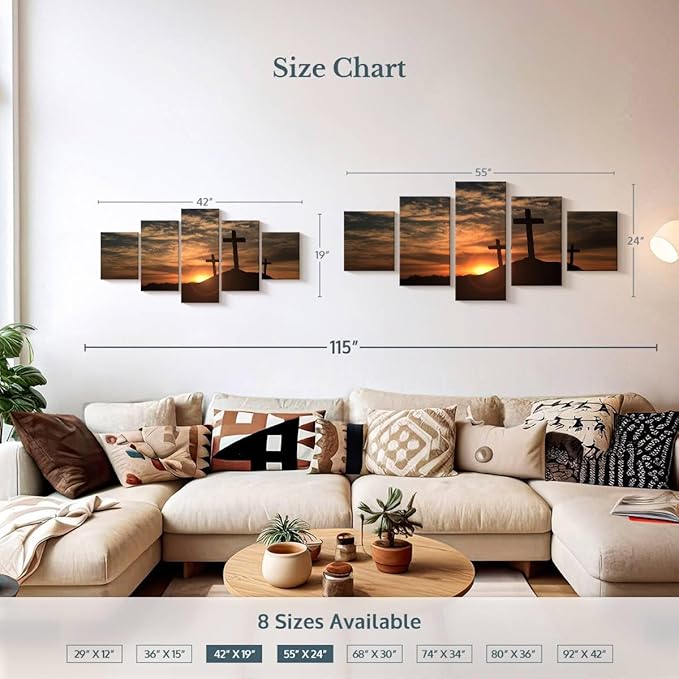 ElephantStock Cross Silhouettes Wall Art Multi Piece Canvas - 5 Panel Christian Pictures Decor - Digital Design Canvas Print - Christian Wall Decor - 55" X 24"