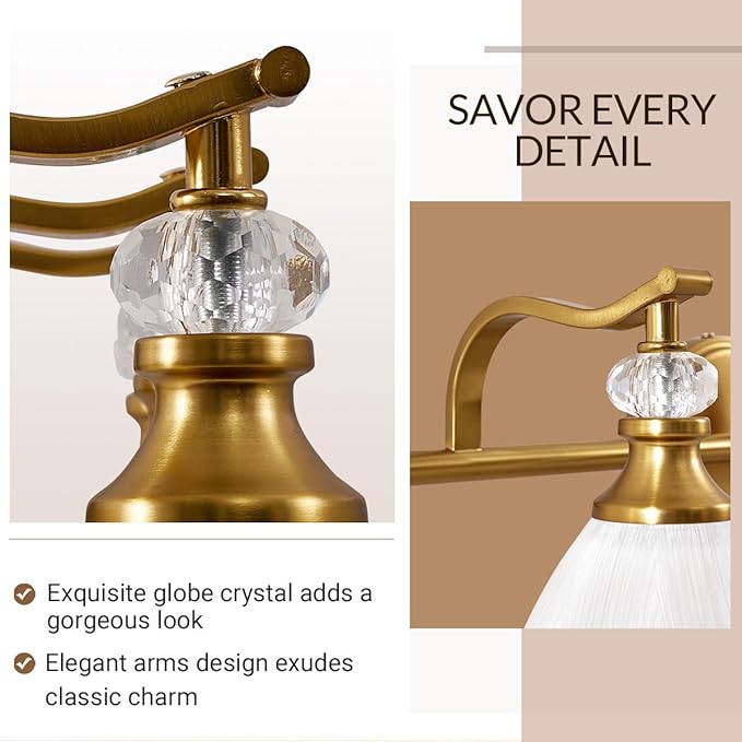 ANDY STAR Brushed Gold Vanity Light, 4-Light Bathroom Light Fixtures, Vintage Wall Lamp with Bell Shaped Frosted Lampshade, 27.8 Inch Bathroom Lighting Fixtures Over Mirror, (Bulbs Not Included)