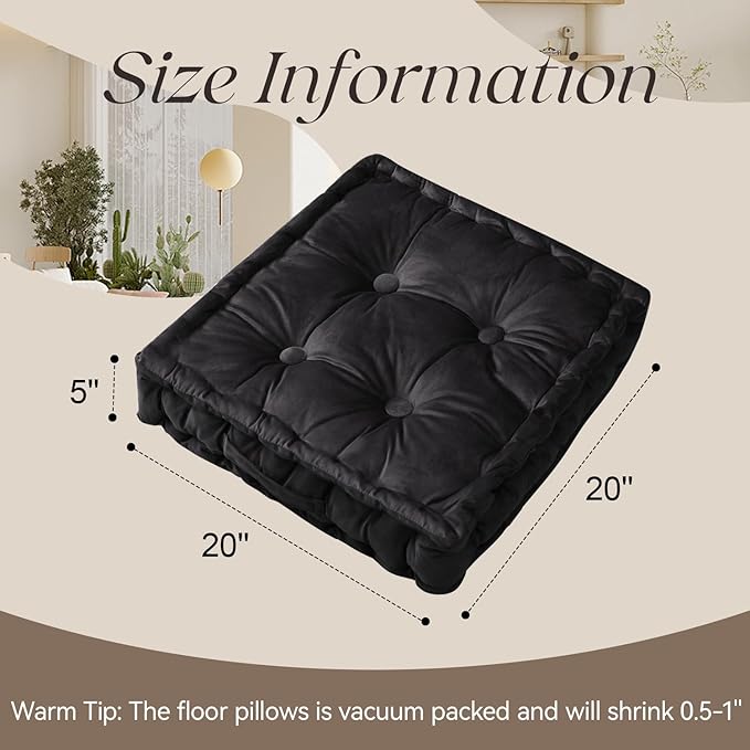 Square Floor Pillows, Large Floor Cushion for Adults Kids, Meditation Floor Pillow Seating Cushion with Shredded Memory Foam and Silk Wadding, 20"x20"x5" Black