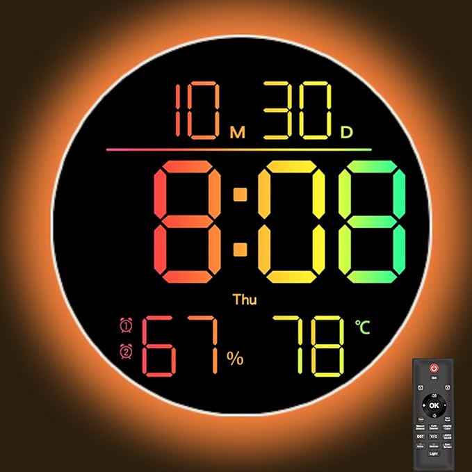 10 Inch LED Wall Clock with RGB Ambient Light, Auto-Dimming, RGB Color/Time/Date/Temp/Humidity Display, Dual Alarms & Timer, Adjustment Brightness,Digital Round Clock for Bedroom Classroom