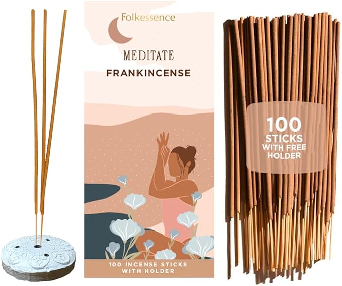 Folkulture Frankincense Incense Sticks with Holder (100 Sticks)| Incents Stick for Meditation, Relaxation, Gifts | No Charcoal,Organic,Non Toxic, 45 Mins Slow Burning Insence - Yoga Inspired