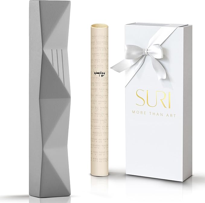 SURI Jewish Mezuzah for Door – 4 Inch Gray Concrete Mezuza Case with Printed Scroll, Fits a 3 Inch Mezuzzah Scroll, Self-Stick Adhesive, Gift Box Included