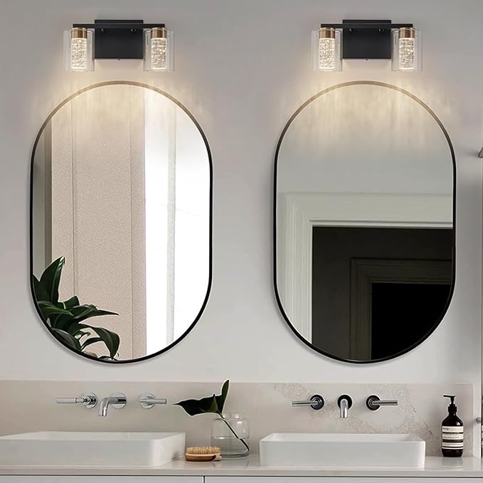 SineRise 2-Light Black and Gold Vanity Light with 3 Color Modes (3000K/4000K/6000K), Eye Protection LED Bathroom Light Fixture, Dimmable Modern Wall Light Over Mirror with Clear Glass Shade