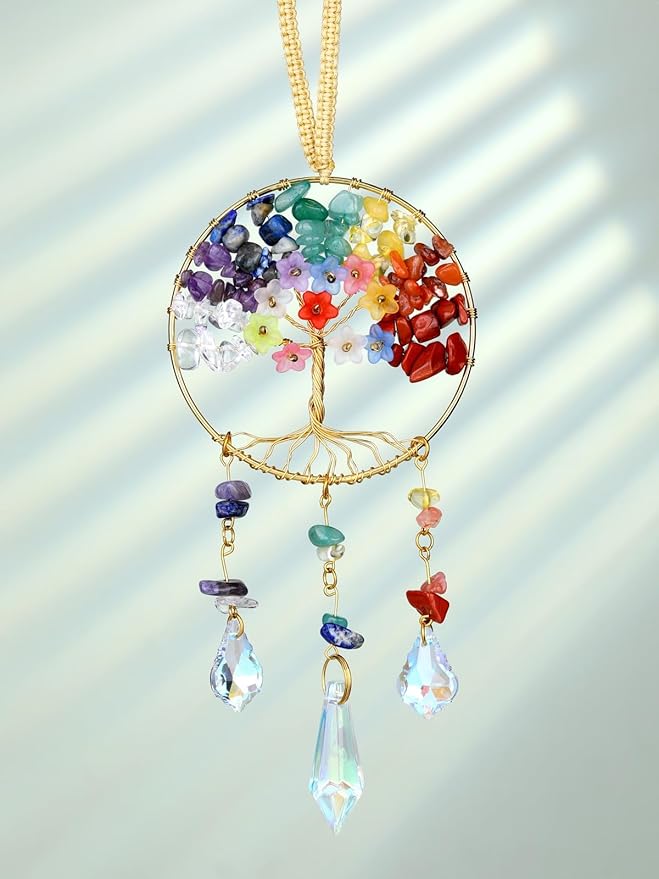 CrystalTears Chakra Crystal Tree Life Hanging Ornament for Wall Window Home Room Decor, Handmade Feng Shui Healing Crystals Gemstone Glass Suncatcher Car Ornament, Crystal Gifts for Women Christmas