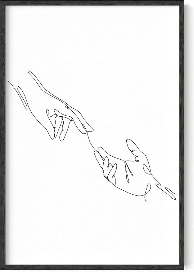 Minimalist Reaching Hands Wall Art Continuous Line Drawing Connection Symbol 24x36 Inch Oak Wood Black Framed Aesthetic Modern Decor Print for Bedroom Living Room