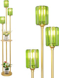 HMVPL Gold Floor Lamp for Living Room, Vintage Floor Lamp with Wood Shelf, Mid Century Standing Lamp with Table, Modern Tall Lamp with Green Crystal Shade, On/Off Switch, Boho Corner Lamp for Bedroom