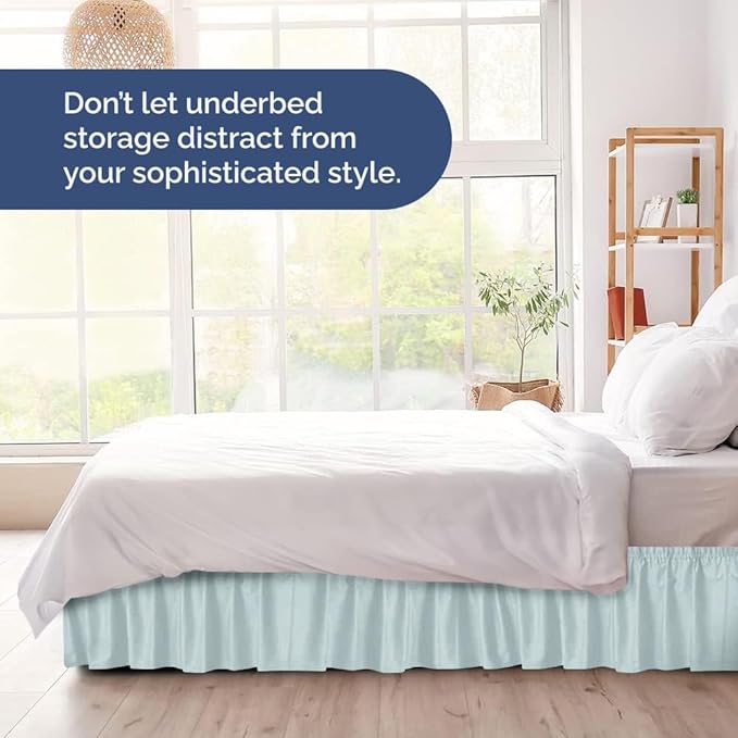 Wrap Around Dust Ruffle Bed Skirt - Ice Blue - for King Size Beds w/ 12 Inch Drop - Easy Fit Elastic Strap - Adjustable Pleated Bedskirt w/Brushed Fabric - Wrinkle Free - for Women, Men, Kids & Teens