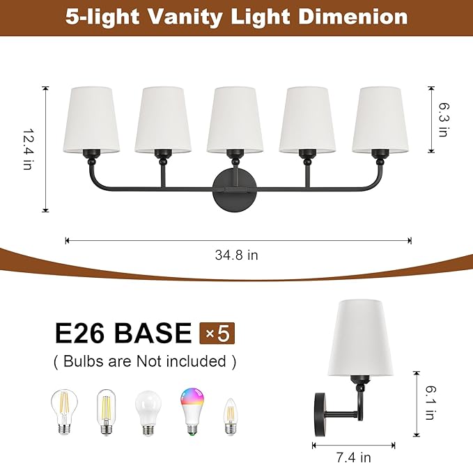 Kvhilw Bathroom Vanity Light, Matte Black Bathroom Light Fixtures, 5-Light Lighting Fixtures Over Miror, Modern Wall Sconce with Flared White Fabric Shade, E26 Socket(ETL Listed)