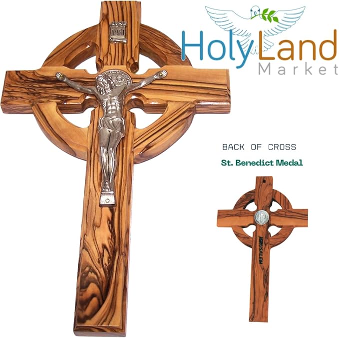 Holy Land Market 10" Celtic Olive Wood Wall Crucifix – Handmade in Bethlehem with Metal Saint Benedict Medal (Front & Back), Certificate, Prayer Card & Medal Explanation – Solid Olive Wood Cross