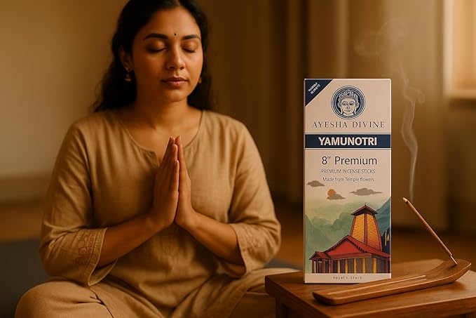 Incense Sticks Jasmine & Musk – 80 Charcoal-Free Premium Incense Sticks Made from Temple Flowers | 8 Inch Long-Lasting | Includes Incense Burner Stand | Ayesha Divine Yumnotri