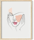 Aesthetic Face Wall Art Hands on Cheeks Continuous Line Drawing Abstract Pink Shapes 8x10 Inch Oak Wood Beige Framed Modern Portrait for Bedroom Vanity