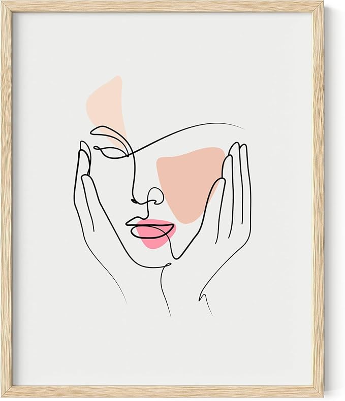 Aesthetic Face Wall Art Hands on Cheeks Continuous Line Drawing Abstract Pink Shapes 8x10 Inch Oak Wood Beige Framed Modern Portrait for Bedroom Vanity