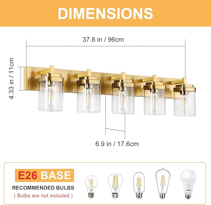 Vanity Light Fixture,5-Light Vanity Light for Bathroom,Brushed Gold Bathroom Vanity Lighting Over Mirror with Square Clear Glass Shade for Restroom