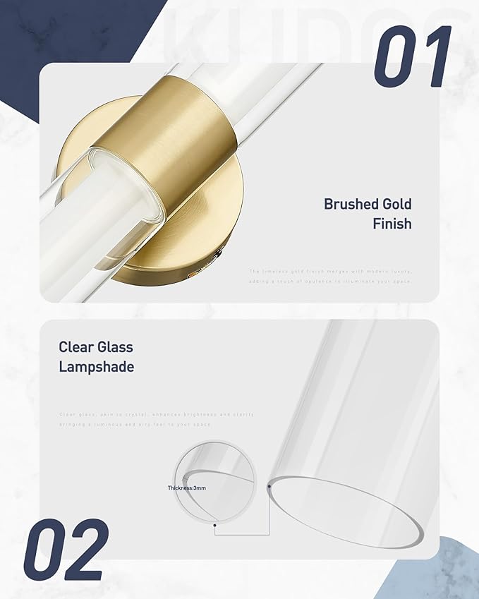 kudos Gold Bathroom Sconces Wall Lighting, Bathroom Vanity Light, Modern Wall Lights with Clear Glass and Frosted Glass,3000K/4500K/6000K Adjustable, KDVL06-GD-2