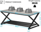 LVB Gray Coffee Table with Storage, Farmhouse Metal Wood 2 Tier Center Table for Living Room, Industrial Wooden Rectangular Concrete Tables with Mesh Shelf for Office Bedroom, 39 inch, Light Grey Oak