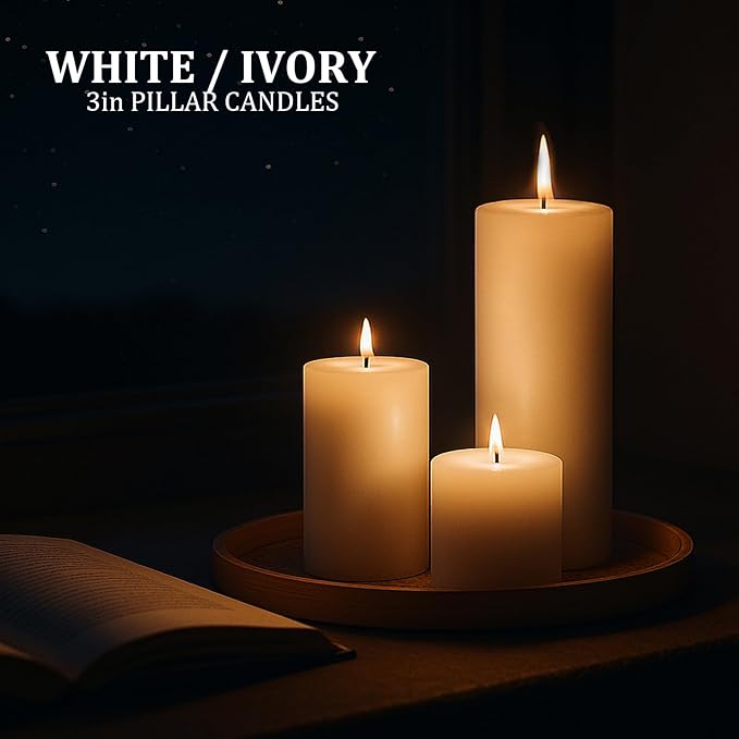 12 Pack White Pillar Candles Bulk Set, 3x3/6/8 Inch - 4 Each Size, Dripless Smokeless Clean Burning for Wedding Centerpieces, Home Decor, Church, Romantic Ambiance！
