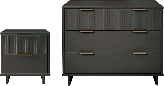 Manhattan Comfort Granville 2 Piece Modern Bedroom Dresser Set, Includes Standard Drawer Storage and Nightstand with Solid Wood Vertical Ribbed Design and Gold Accents, Dark Grey