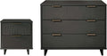 Manhattan Comfort Granville 2 Piece Modern Bedroom Dresser Set, Includes Standard Drawer Storage and Nightstand with Solid Wood Vertical Ribbed Design and Gold Accents, Dark Grey