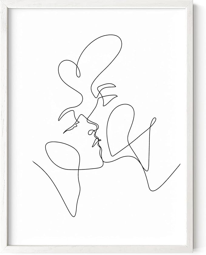 Minimalist Couple Art Wall Art Print Couple Kiss Abstract Line Drawing, Gallery Quality 12"x16" White Framed, Abstract Love Aesthetic Decor Bedroom Living Room