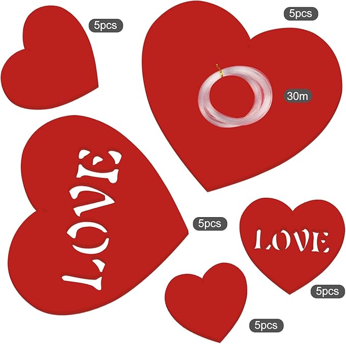 TUPARKA 25 Pcs Valentine's Lawn Decorations，Hanging Hearts for Valentine' Day Decoration Wedding and Party Supplies, Mixed Size