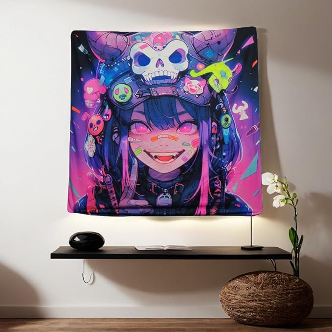 HOUHUANG Hanging paintings, blacklight tapestry, murals, and decorative paintings, fluorescent anime, cartoons, polyester material (59 "x 59") for families, bars, and outdoor parties (Halloween Girl)