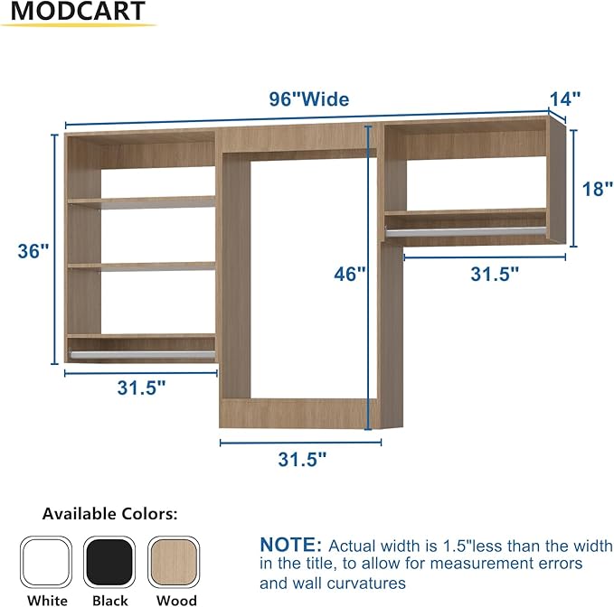 Modular Closet System, 96" Wide Closet Organizer System with Hanging Shelving , Wood Tower Closet Storage for Walk In Closets, Wall Mounted Wardrobe Organizer Kit System, Bedroom, Wood