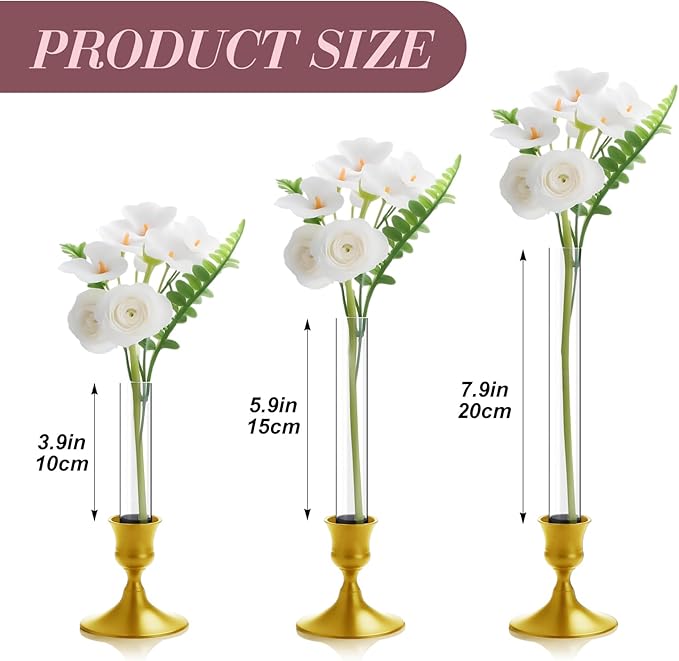 3 Pack 7.9" Glass Bud Vase Taper Candle Holder's Bud Vase for Flower Candlestick Sizes from 22mm to 27mm Adjustable Designed Specially for Taper Candle Holder for Tablescapes, Wedding Decor