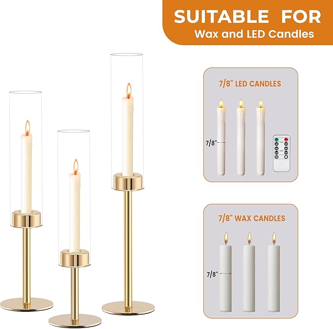 Rose Gold Taper Candle Holder Set, 3pcs Glass Hurricane Tall Candlestick Holders, Vintage Candelabra, Premium Gift Set for Home Decor Aesthetic, Birthday Parties, Weddings & Christmas Decorations