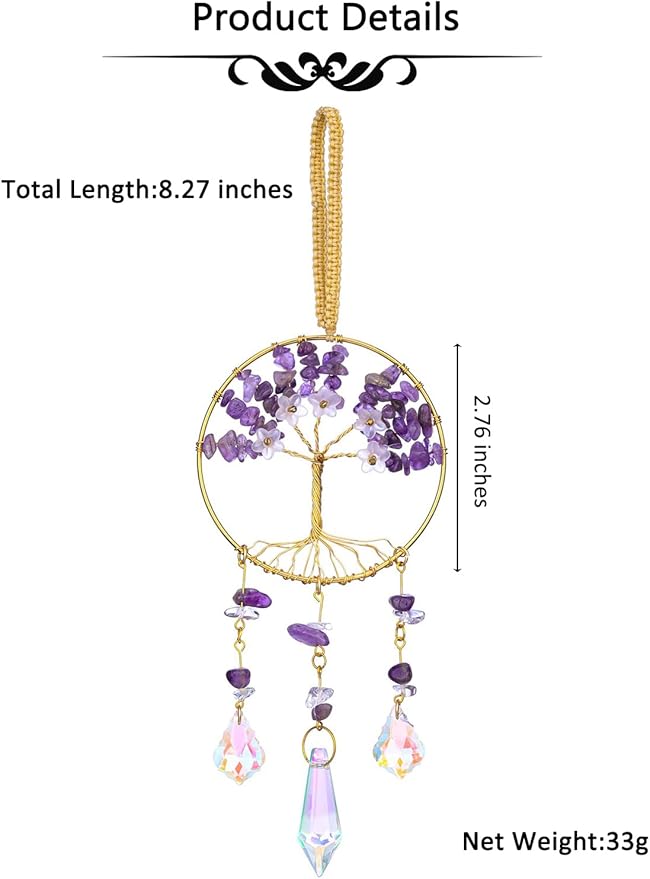 CrystalTears Amethyst Crystal Tree Life Hanging Ornament for Wall Window Home Room Decor, Handmade Feng Shui Healing Crystals Gemstone Glass Suncatcher Car Ornament, Crystal Gifts for Women Christmas