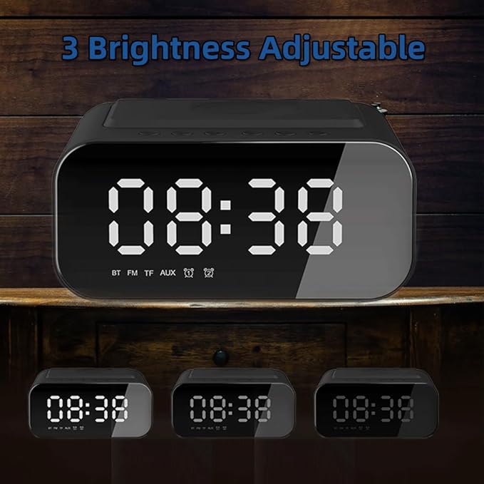 IHAO 7in1 Multifunctional Digital Alarm Clock with 15W Fast Wireless Charger Bluetooth Speaker LED Display Clock FM Radio TF Card, AUX Input, USB Port Dual Alarm for Bedroom and Office-BT510 Black