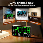 Multifunctional Decorative Led Digital Wall Clock,Large Digital Clock Shows Time,Date,Temperature,Auto Brightness Adjustment,Dual Alarms,Electronic Clock for Livingroom (Blue lamp with black shell)