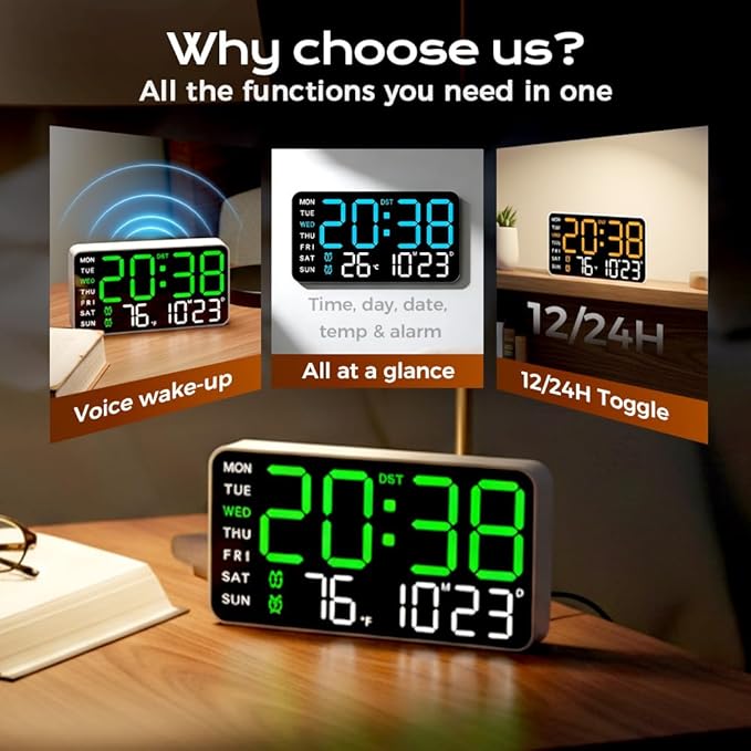 Multifunctional Decorative Led Digital Wall Clock,Large Digital Clock Shows Time,Date,Temperature,Auto Brightness Adjustment,Dual Alarms,Electronic Clock for Livingroom (Blue lamp with black shell)