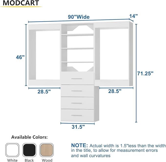 Modular Closet 90" Hanging & Drawers, Wooden Tower for Walk-In Closets, White Wall-Mounted Wardrobe Organizer