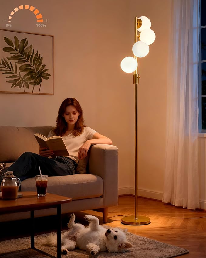 Lightdot 64IN Dimmable Globe Floor Lamp, Gold Standing Lamps with 4PCS 3000K Bulbs Soft Warm White Eye Care, Mid Century Modern Floor Lamp for Living Room/Bedroom/Sofa Beside/Corner Decor