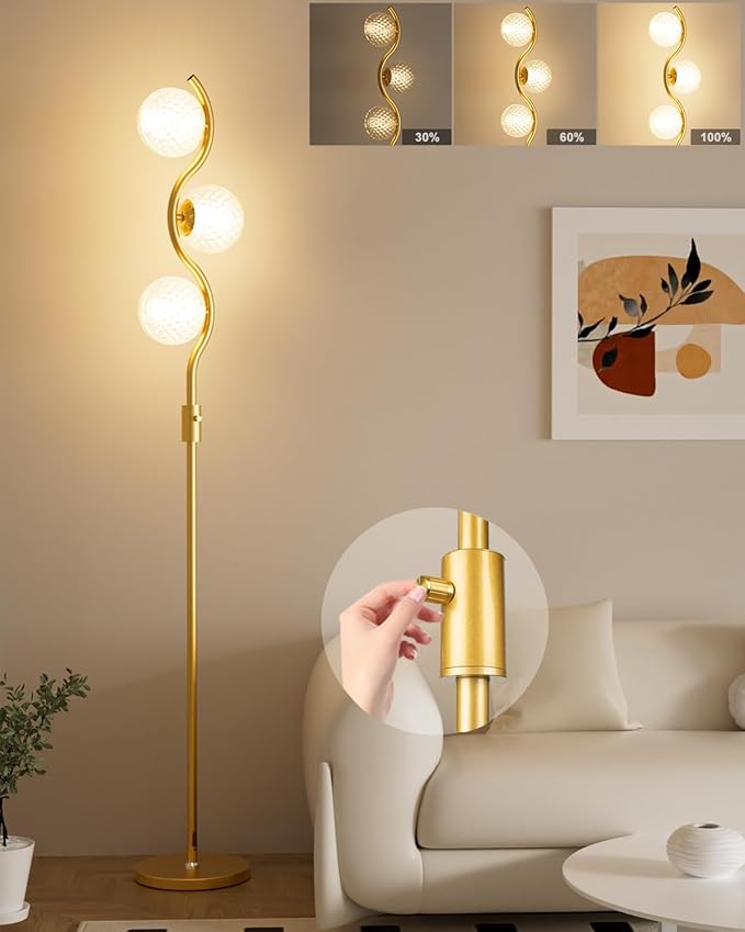 60IN Dimmable Gold Standing Lamps, Ice Crystal Modern Floor Lamp with 3000K G9 Bulbs Included, Mid Century Vintage Globe Floor Lamp for Living Room