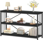 IBF Low Horizontal Book Shelf, Industrial Modern 3 Tier Bookshelf, Farmhouse Short Open Storage Organizer Long Shelf, Simple Wide Wood Metal Sturdy Etagere for Bedroom Living Room, Black Oak, 47 in