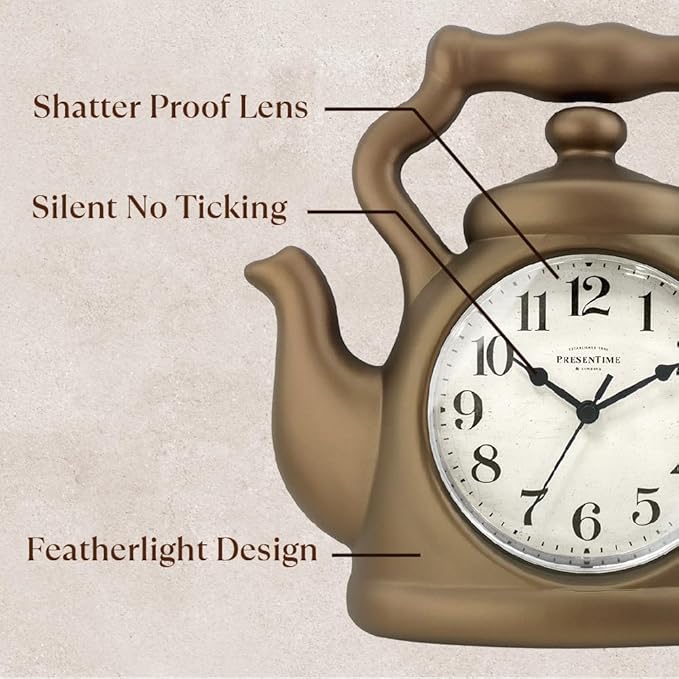 Presentime & Co. 11" Teapot Clock, Silent Non Ticking, Modern Farmhouse Style, Wall & Mantel 2 in 1 Desk & Shelf Clock, Bronze Finish for Wall, Home, and Tabletop Decor, Bronze Finish